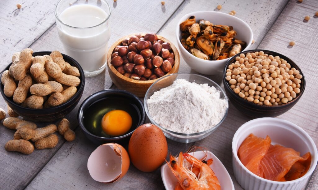 milk, nuts, eggs, shrimp, salmon, chickpeas, wheat flour