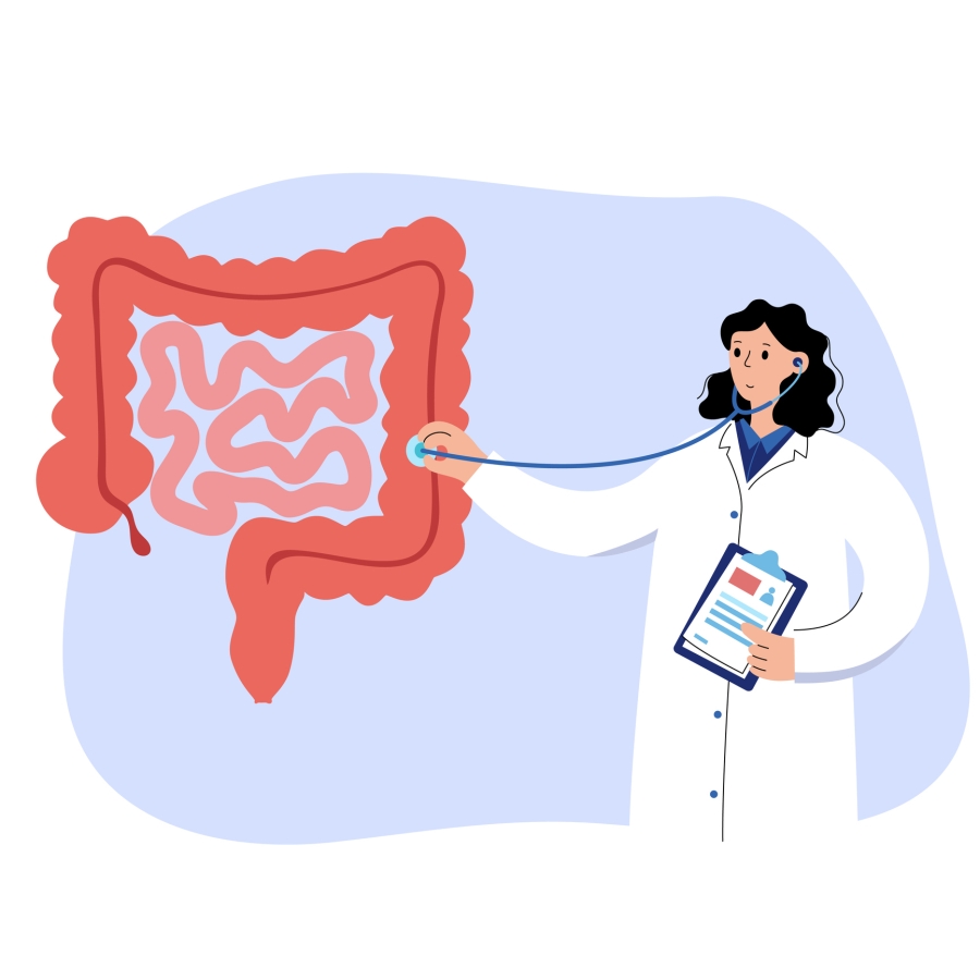 diagram of a medical practitioner using a stethoscope in the large intestine