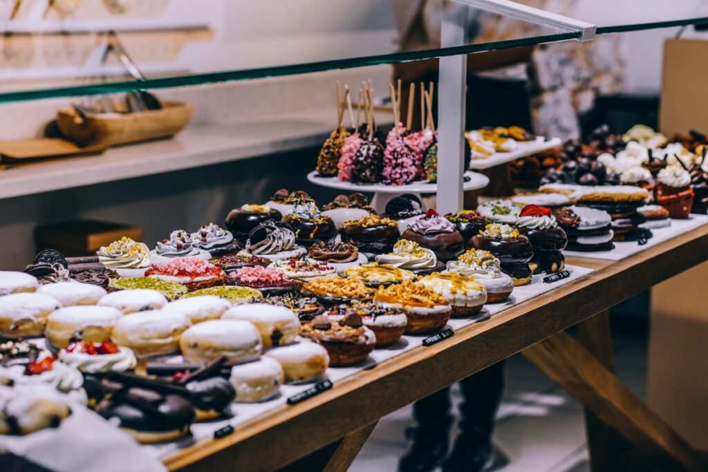 A pâtisserie with all kind of sweets and pastries