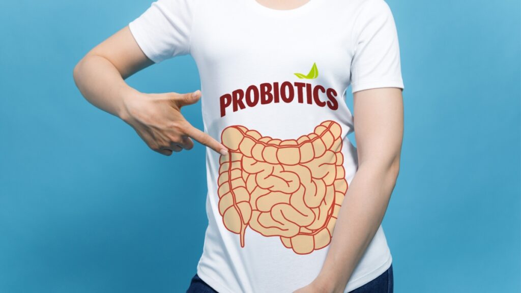 a person with a bioptimizers' t-shirt that says probiotics and has a bowel diagram