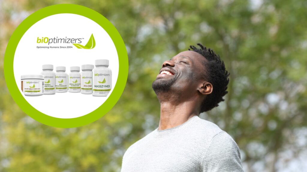 a man feeling happy with his face turning to the sky and Bioptimizers' digestive supplements