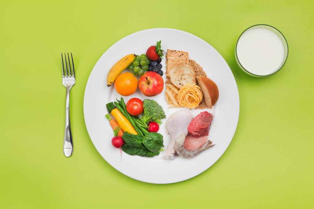 The USDA “ChooseMyPlate” basic food group for healthy diet, with a plate of food choices including grains, protein, vegetables, fruits and dairy
