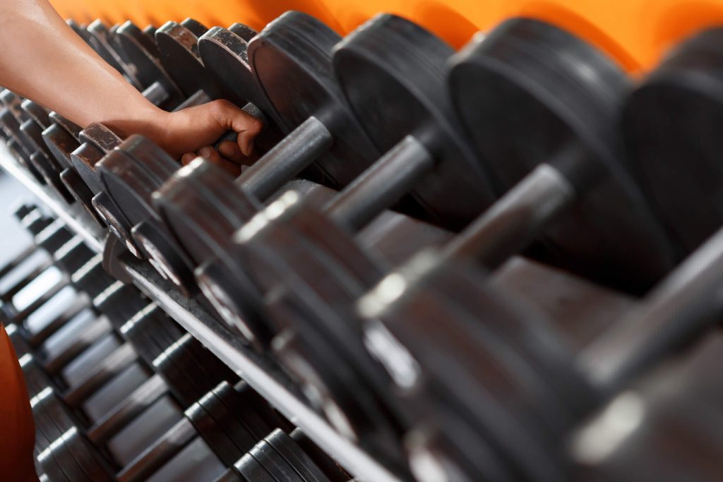  Picture of barbells one by one in row in sport club.