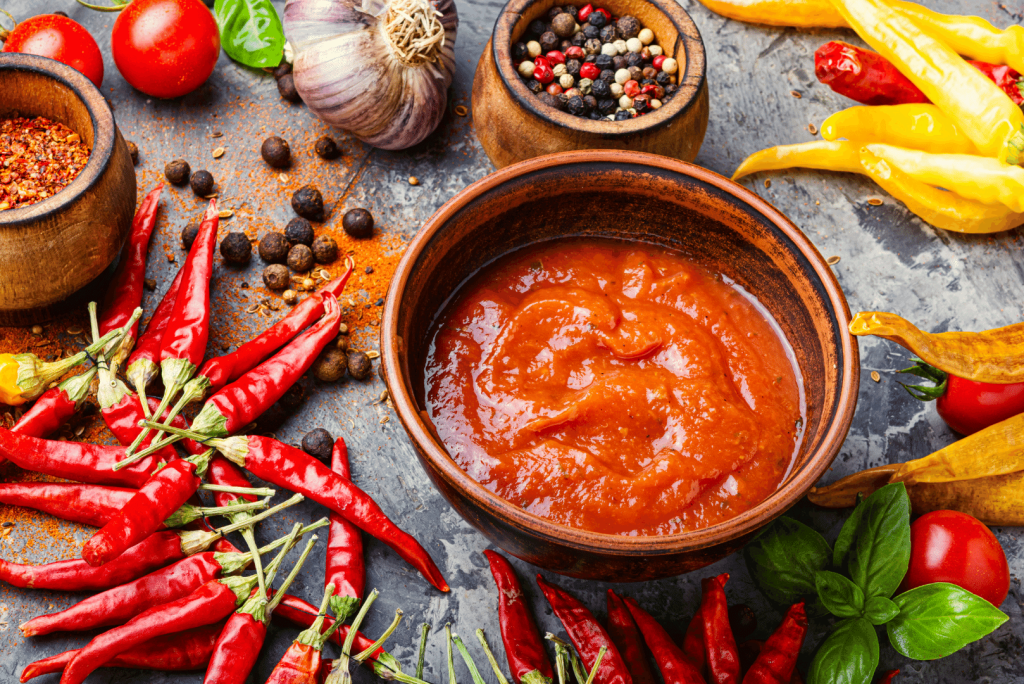 table with salsa, cayenne, chili pepper, paprika, and dried red peppers, 