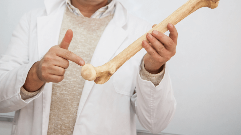 medical practitioner pointing to a femur bone