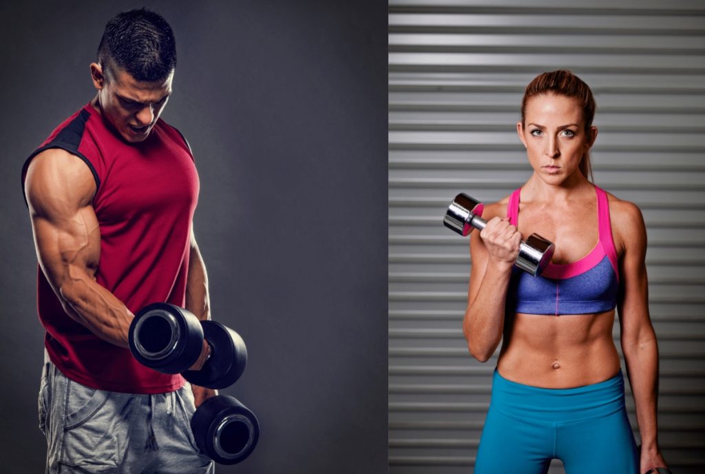 Man and woman lifting weights doing bicep curls 