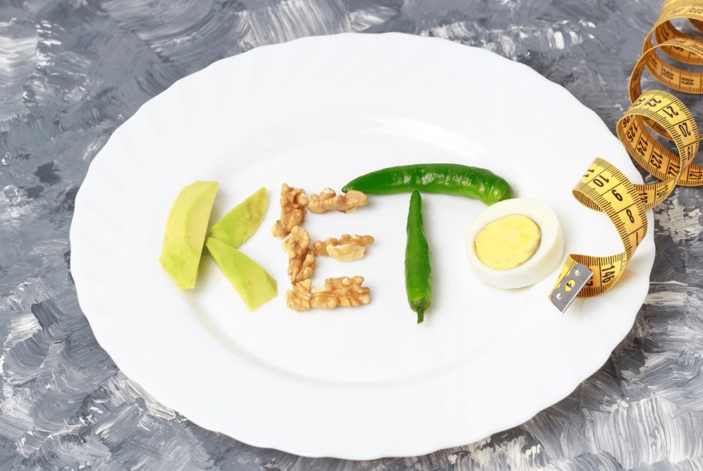 Keto spelled with foods in a plate