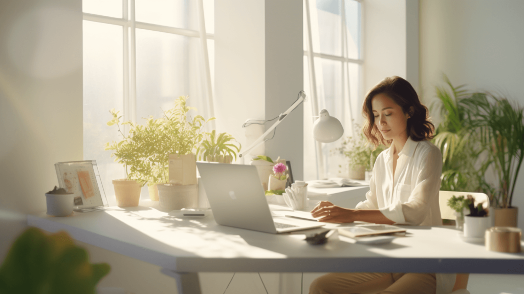 woman behind desk working in a laptop