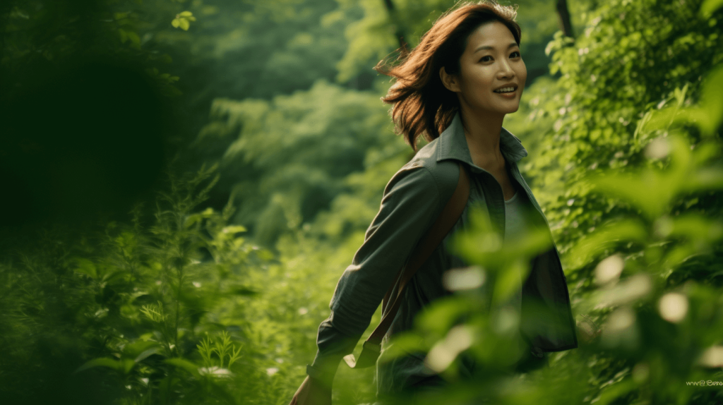 asian woman in the middle of a forest
