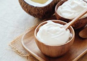 homemade organic coconut greek yogurt in wooden bowl