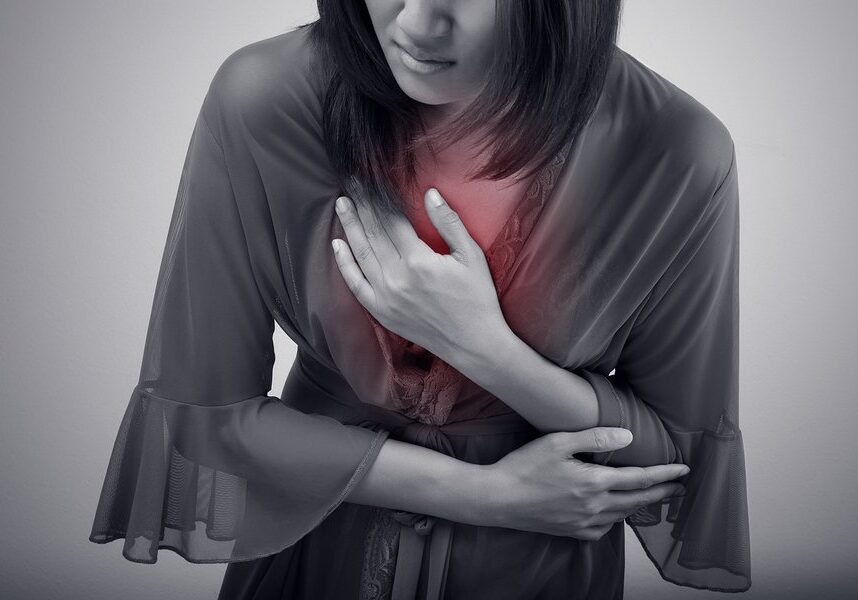 Woman suffering from acid reflux or heartburn