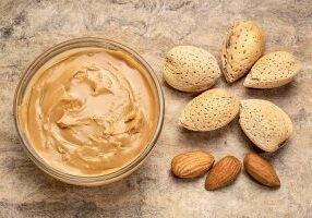 almond butter and nuts - overhead view