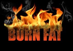 This conceptual digital art is the words burn fat to show dieting weight loss etc with flame text on a black background.