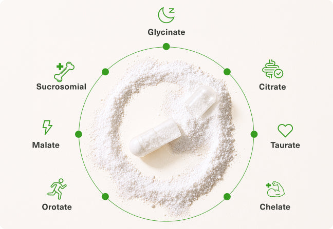 Seven forms of magnesium arranged around a capsule and powder