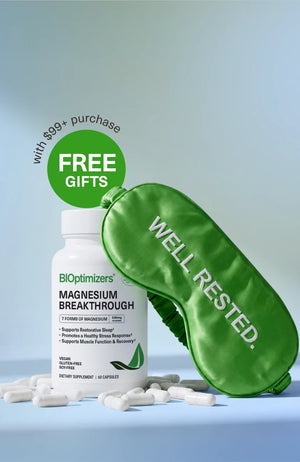 Magnesium Breakthrough bottle with a green Well Rested sleep mask, free gifts with $99+ purchase